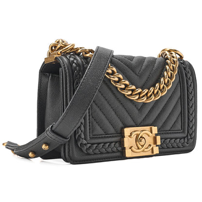 CHANEL Caviar Skin V-Stitch Chevron Boy Chanel 20 Chain Shoulder Black Gold-Tone Hardware, Pre-Owned