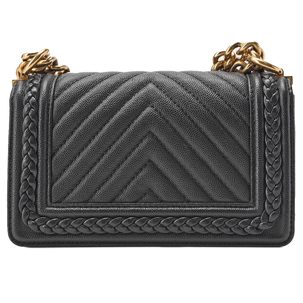 CHANEL Caviar Skin V-Stitch Chevron Boy Chanel 20 Chain Shoulder Black Gold-Tone Hardware, Pre-Owned