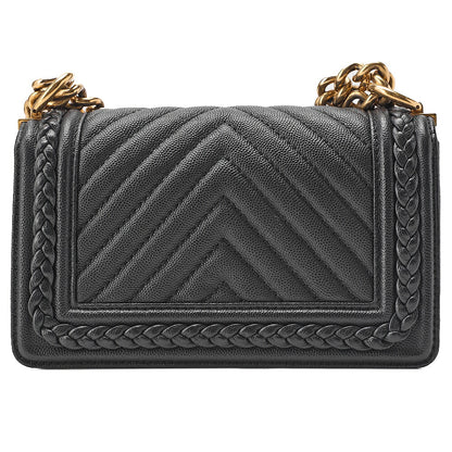 CHANEL Caviar Skin V-Stitch Chevron Boy Chanel 20 Chain Shoulder Black Gold-Tone Hardware, Pre-Owned