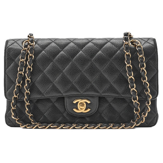 CHANEL Caviar Skin Matelasse Double Flap 25cm Chain Shoulder Black  Gold-Tone Hardware, Pre-Owned