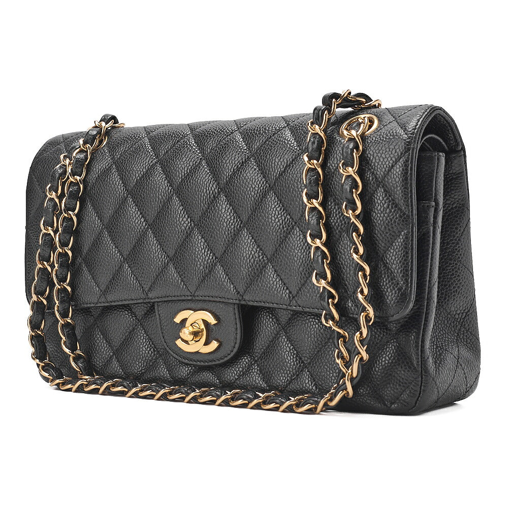 CHANEL Caviar Skin Matelasse Double Flap 25cm Chain Shoulder Black Gold-Tone Hardware, Pre-Owned