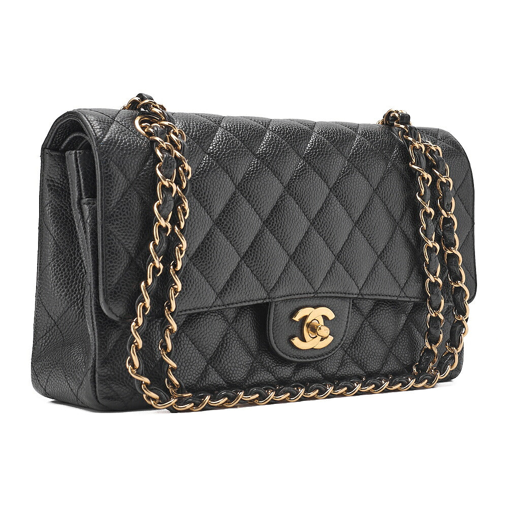 CHANEL Caviar Skin Matelasse Double Flap 25cm Chain Shoulder Black Gold-Tone Hardware, Pre-Owned