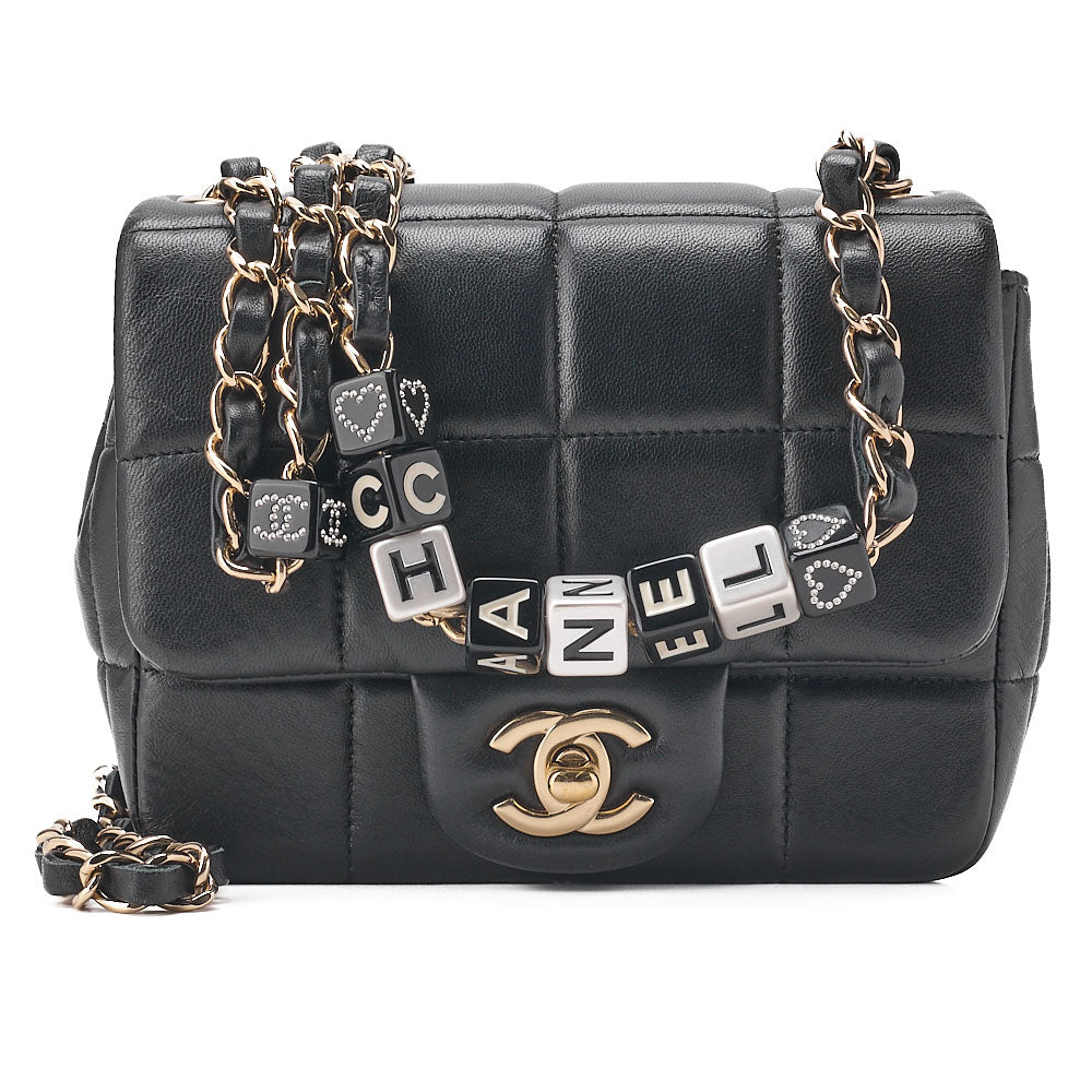 CHANEL Lambskin Mini Chocolate Bar 15cm Single Flap Turn Lock Chain Shoulder Black Gold-Tone Hardware, Pre-Owned