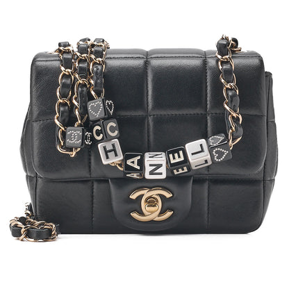 CHANEL Lambskin Mini Chocolate Bar 15cm Single Flap Turn Lock Chain Shoulder Black Gold-Tone Hardware, Pre-Owned