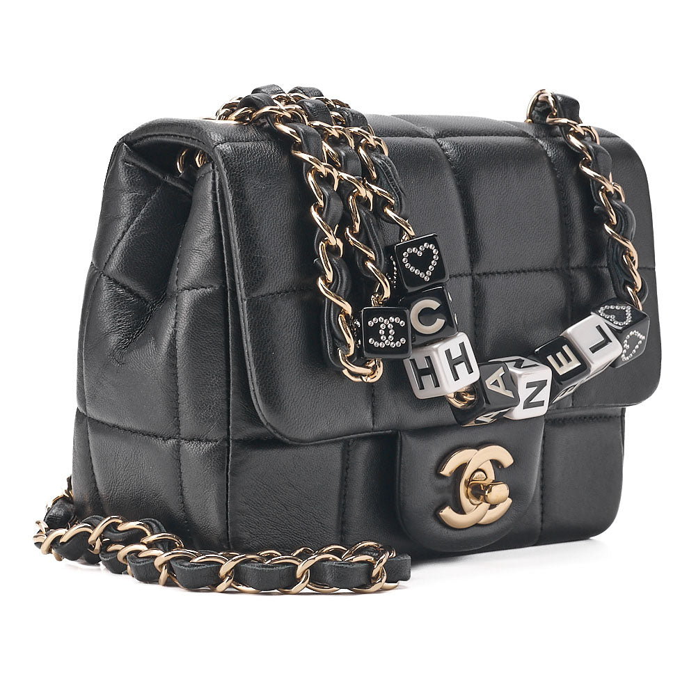 CHANEL Lambskin Mini Chocolate Bar 15cm Single Flap Turn Lock Chain Shoulder Black Gold-Tone Hardware, Pre-Owned