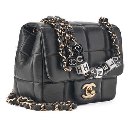 CHANEL Lambskin Mini Chocolate Bar 15cm Single Flap Turn Lock Chain Shoulder Black Gold-Tone Hardware, Pre-Owned