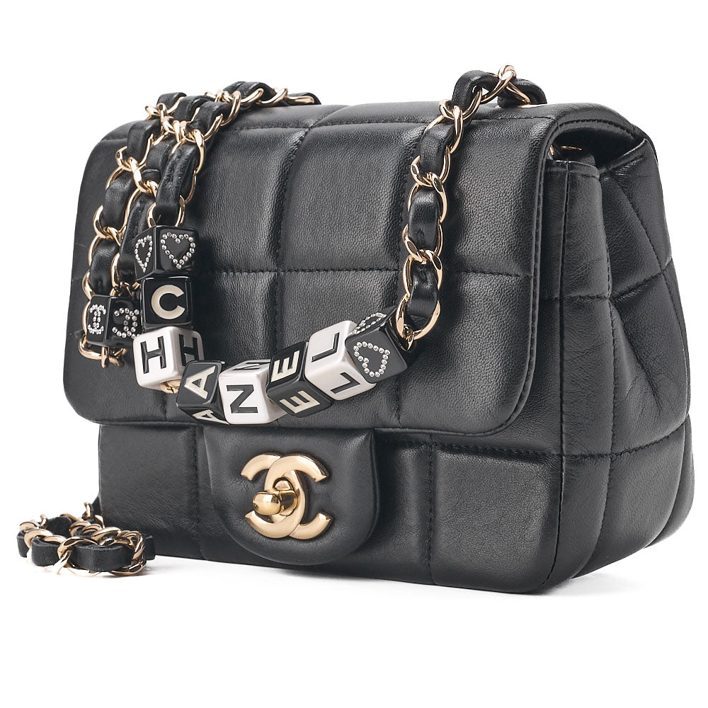 CHANEL Lambskin Mini Chocolate Bar 15cm Single Flap Turn Lock Chain Shoulder Black Gold-Tone Hardware, Pre-Owned
