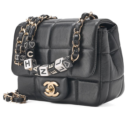 CHANEL Lambskin Mini Chocolate Bar 15cm Single Flap Turn Lock Chain Shoulder Black Gold-Tone Hardware, Pre-Owned