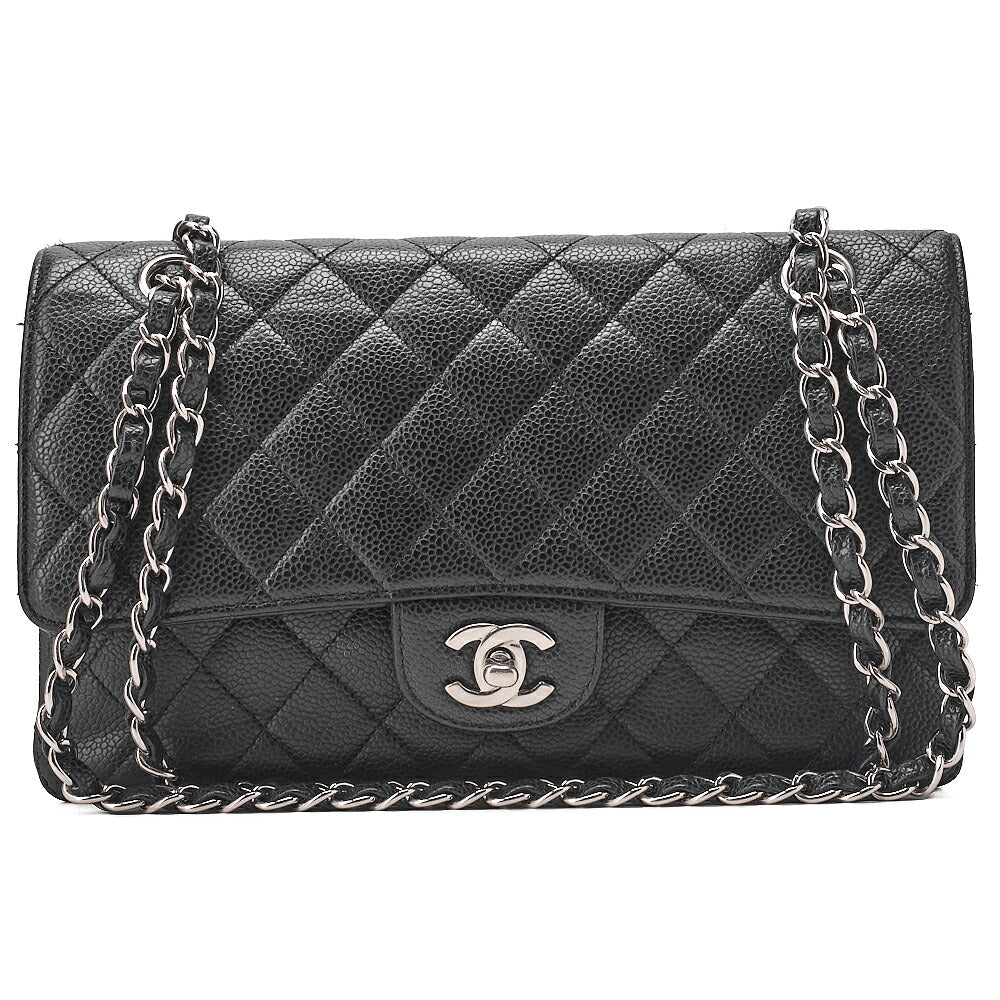 CHANEL Caviar Skin Matelasse Double Flap 25cm Chain Shoulder Black Silver-Tone Hardware, Pre-Owned