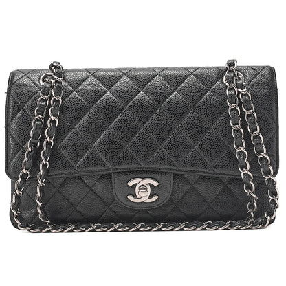 CHANEL Caviar Skin Matelasse Double Flap 25cm Chain Shoulder Black Silver-Tone Hardware, Pre-Owned
