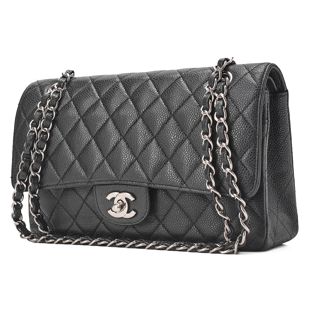 CHANEL Caviar Skin Matelasse Double Flap 25cm Chain Shoulder Black Silver-Tone Hardware, Pre-Owned