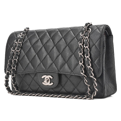 CHANEL Caviar Skin Matelasse Double Flap 25cm Chain Shoulder Black Silver-Tone Hardware, Pre-Owned