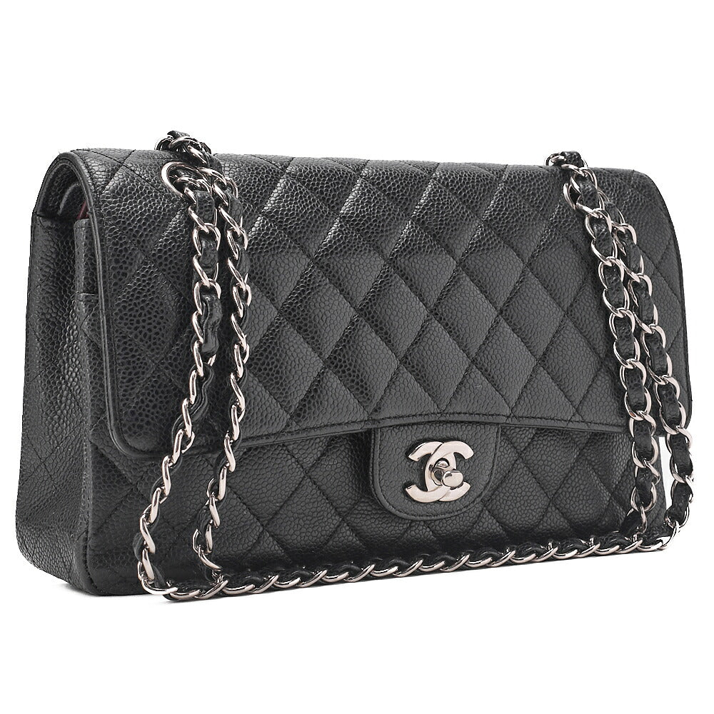 CHANEL Caviar Skin Matelasse Double Flap 25cm Chain Shoulder Black Silver-Tone Hardware, Pre-Owned