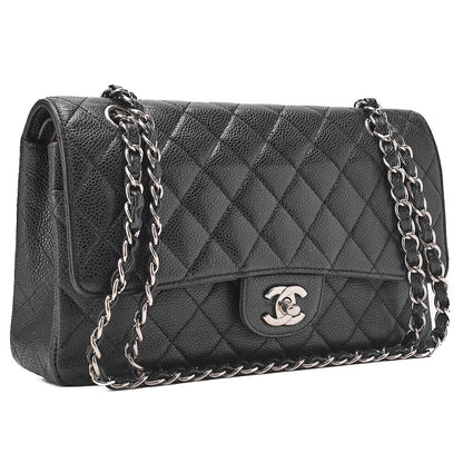 CHANEL Caviar Skin Matelasse Double Flap 25cm Chain Shoulder Black Silver-Tone Hardware, Pre-Owned