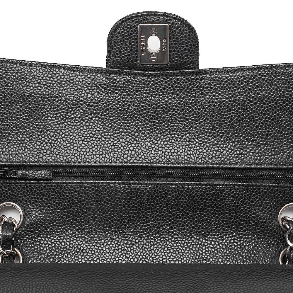 CHANEL Caviar Skin Matelasse Double Flap 25cm Chain Shoulder Black Silver-Tone Hardware, Pre-Owned