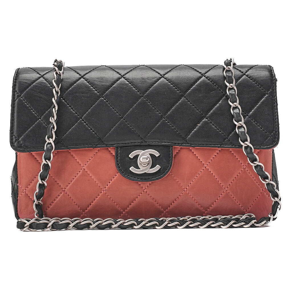 CHANEL Lambskin Matelasse Coco Mark Single Flap Chain Shoulder Black x Pink Orange Silver-Tone Hardware, Pre-Owned