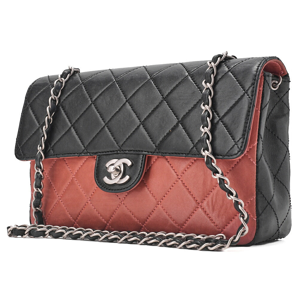 CHANEL Lambskin Matelasse Coco Mark Single Flap Chain Shoulder Black x Pink Orange Silver-Tone Hardware, Pre-Owned