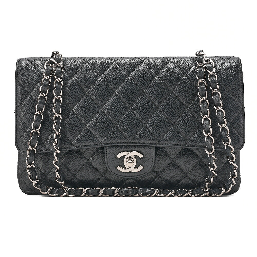 CHANEL Matelasse Turn Lock Double Flap 25 Chain Shoulder Bag Caviar Skin Black Silver-Tone Hardware, Pre-Owned