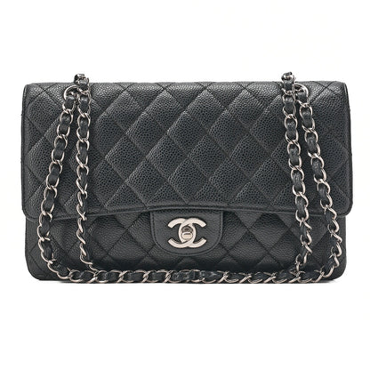 CHANEL Matelasse Turn Lock Double Flap 25 Chain Shoulder Bag Caviar Skin Black Silver-Tone Hardware, Pre-Owned