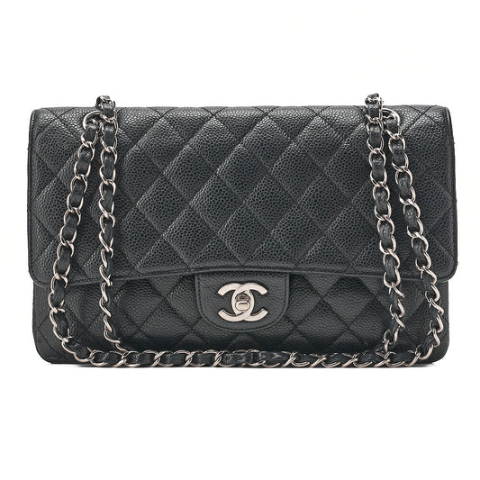 CHANEL Matelasse Turn Lock Double Flap 25 Chain Shoulder Bag Caviar Skin Black Silver-Tone Hardware, Pre-Owned