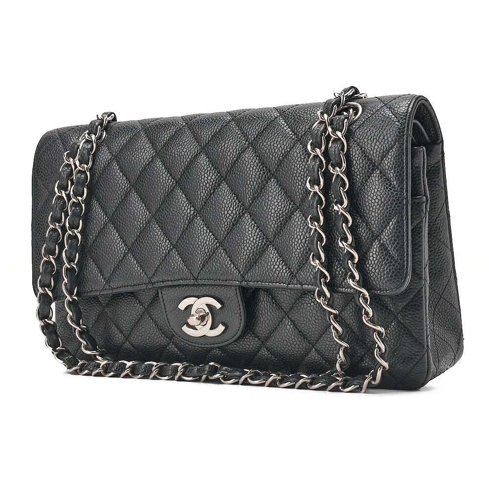 CHANEL Matelasse Turn Lock Double Flap 25 Chain Shoulder Bag Caviar Skin Black Silver-Tone Hardware, Pre-Owned