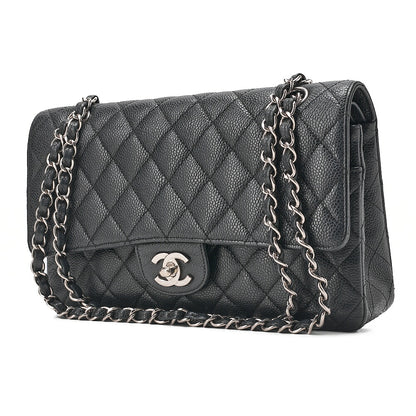 CHANEL Matelasse Turn Lock Double Flap 25 Chain Shoulder Bag Caviar Skin Black Silver-Tone Hardware, Pre-Owned