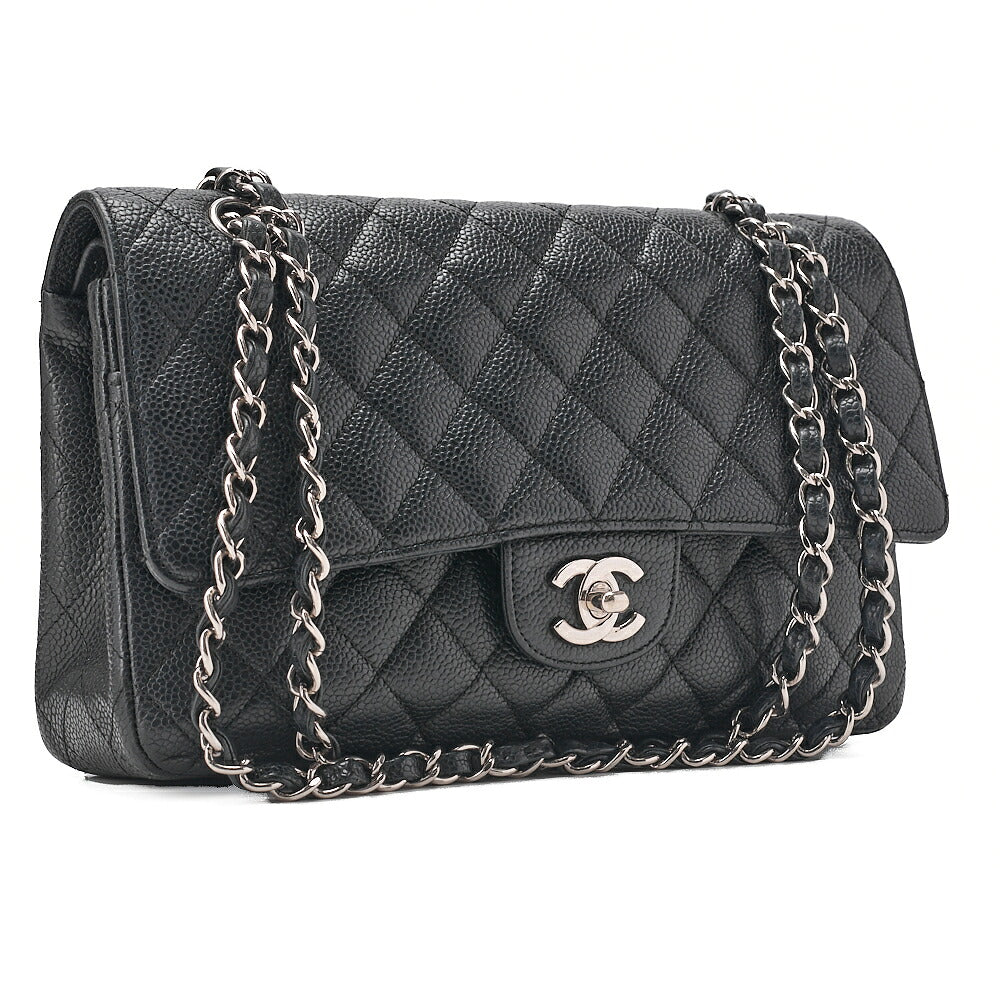 CHANEL Matelasse Turn Lock Double Flap 25 Chain Shoulder Bag Caviar Skin Black Silver-Tone Hardware, Pre-Owned