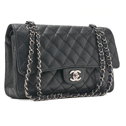 CHANEL Matelasse Turn Lock Double Flap 25 Chain Shoulder Bag Caviar Skin Black Silver-Tone Hardware, Pre-Owned