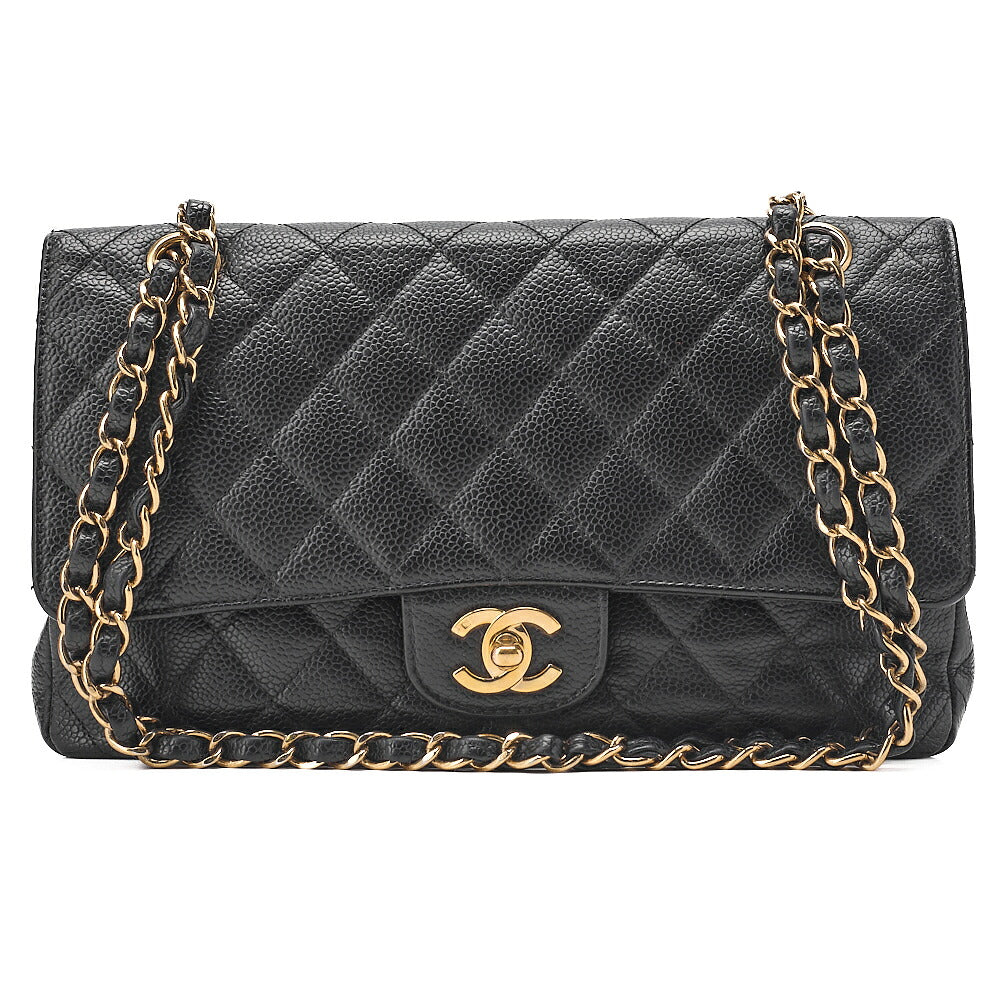 CHANEL Matelasse Turn Lock Double Flap 25 Chain Shoulder Bag Caviar Skin Black Gold-Tone Hardware, Pre-Owned