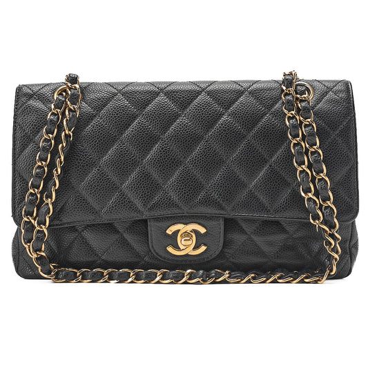CHANEL Matelasse Turn Lock Double Flap 25 Chain Shoulder Bag Caviar Skin Black Gold-Tone Hardware, Pre-Owned