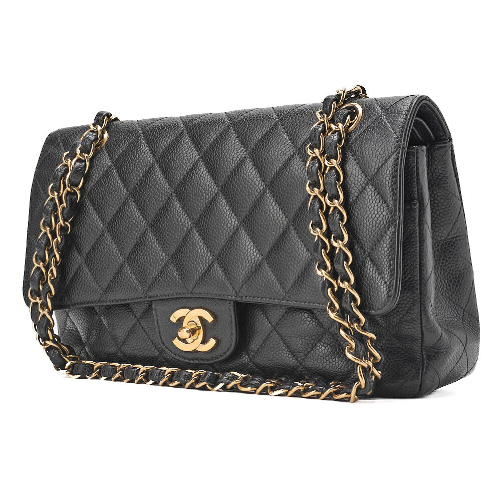 CHANEL Matelasse Turn Lock Double Flap 25 Chain Shoulder Bag Caviar Skin Black Gold-Tone Hardware, Pre-Owned