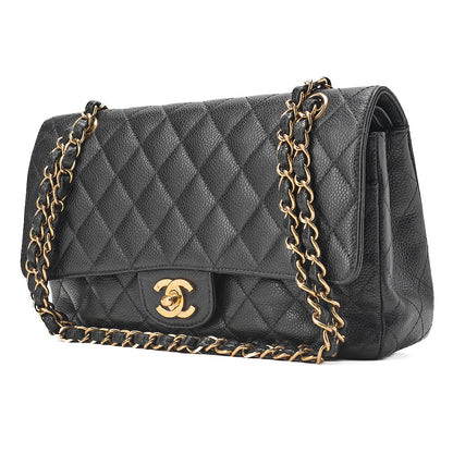 CHANEL Matelasse Turn Lock Double Flap 25 Chain Shoulder Bag Caviar Skin Black Gold-Tone Hardware, Pre-Owned