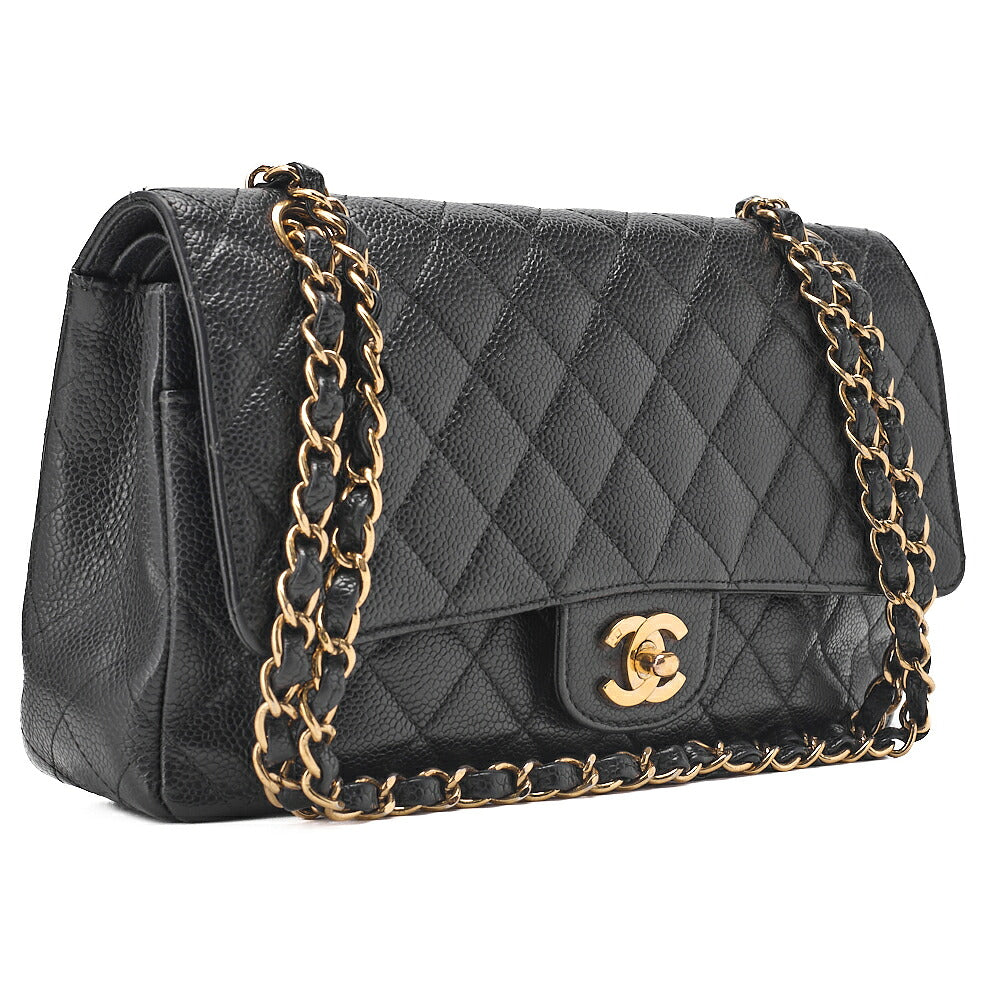 CHANEL Matelasse Turn Lock Double Flap 25 Chain Shoulder Bag Caviar Skin Black Gold-Tone Hardware, Pre-Owned