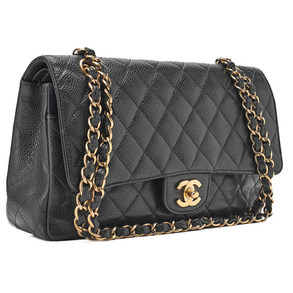 CHANEL Matelasse Turn Lock Double Flap 25 Chain Shoulder Bag Caviar Skin Black Gold-Tone Hardware, Pre-Owned