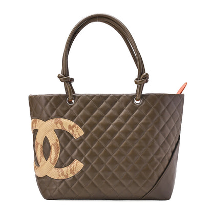 CHANEL Cambon Line Calf Leather x Python Tote Bag Green Silver-Tone Hardware, Pre-Owned