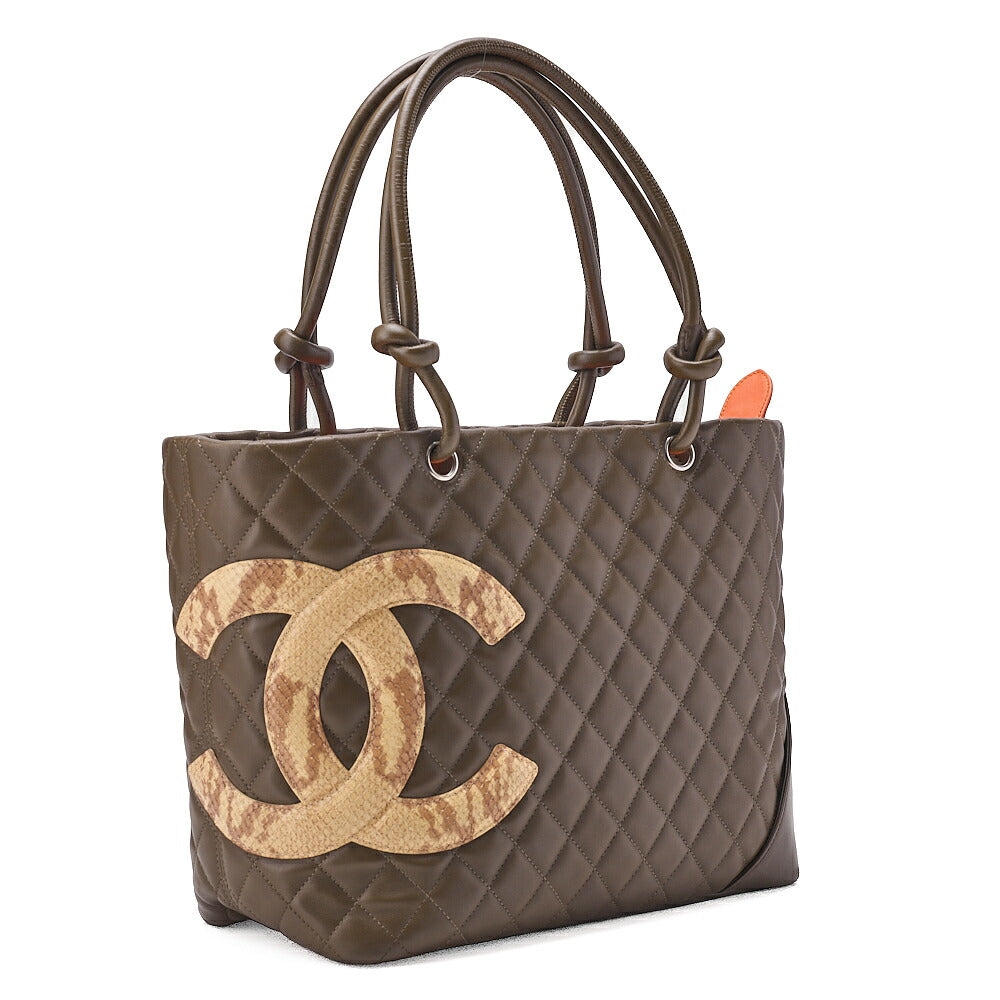 CHANEL Cambon Line Calf Leather x Python Tote Bag Green Silver-Tone Hardware, Pre-Owned