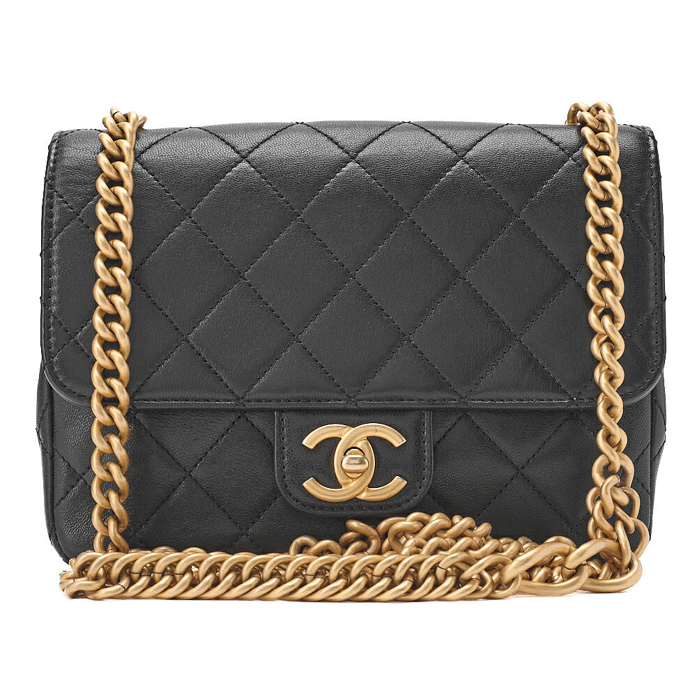 CHANEL Lambskin Matelasse Single Flap Chain Shoulder Black Gold-Tone Hardware, Pre-Owned