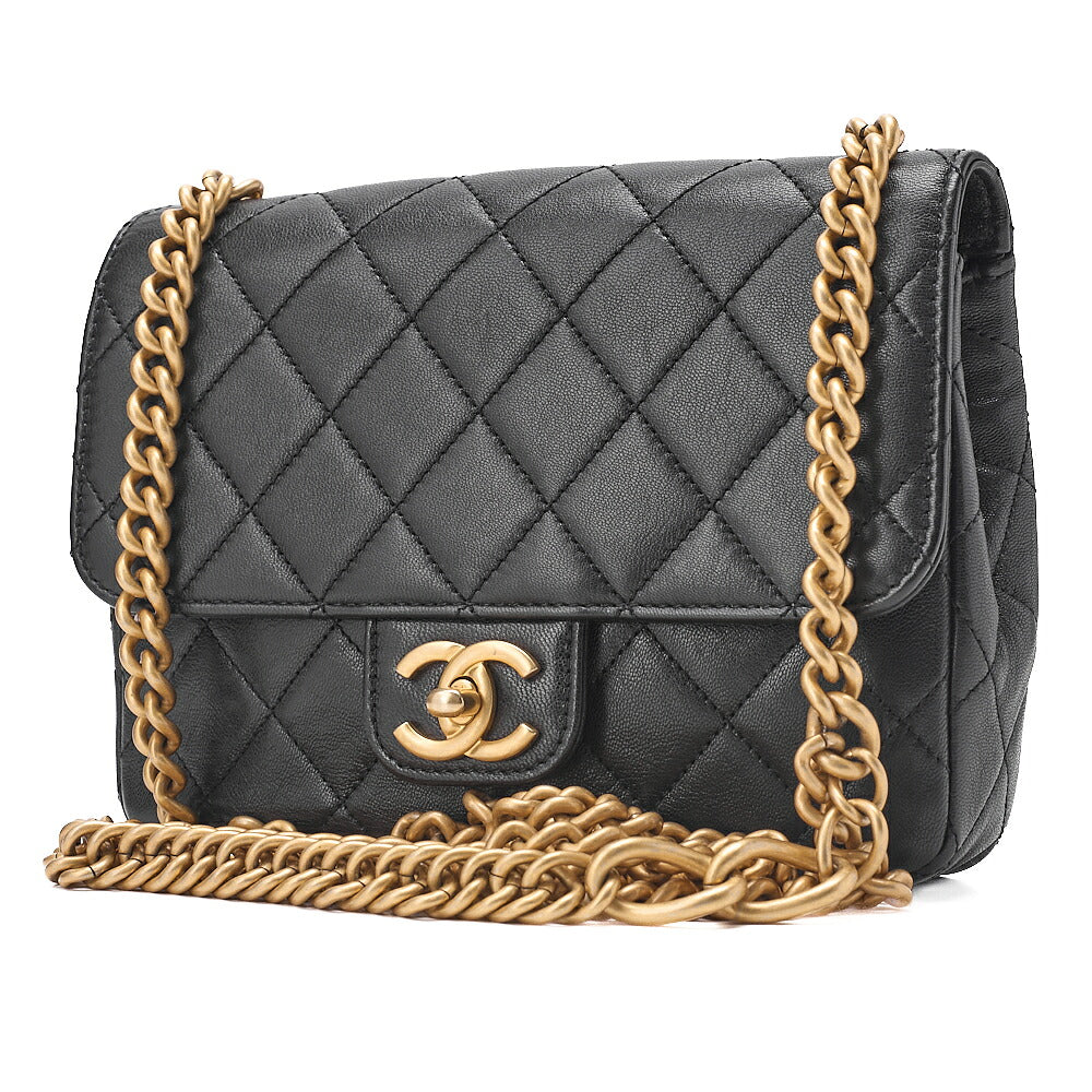 CHANEL Lambskin Matelasse Single Flap Chain Shoulder Black Gold-Tone Hardware, Pre-Owned