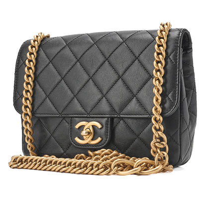 CHANEL Lambskin Matelasse Single Flap Chain Shoulder Black Gold-Tone Hardware, Pre-Owned