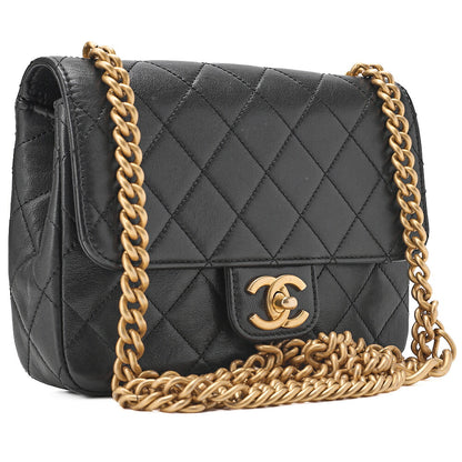 CHANEL Lambskin Matelasse Single Flap Chain Shoulder Black Gold-Tone Hardware, Pre-Owned