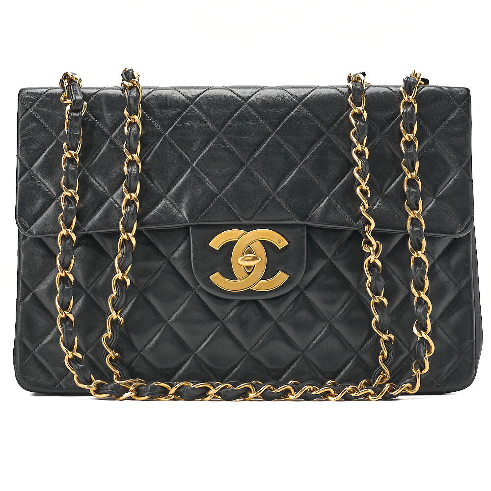 CHANEL Chain Shoulder Bag Deka Matelasse 34cm Single Flap Lambskin Black Gold-Tone Hardware, Pre-Owned