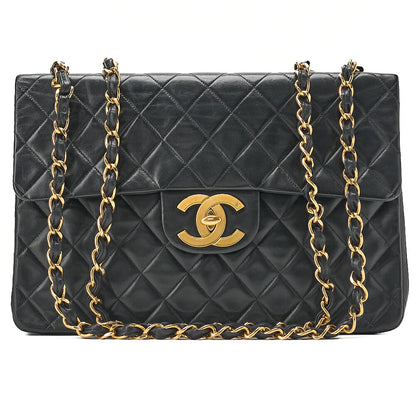 CHANEL Chain Shoulder Bag Deka Matelasse 34cm Single Flap Lambskin Black Gold-Tone Hardware, Pre-Owned