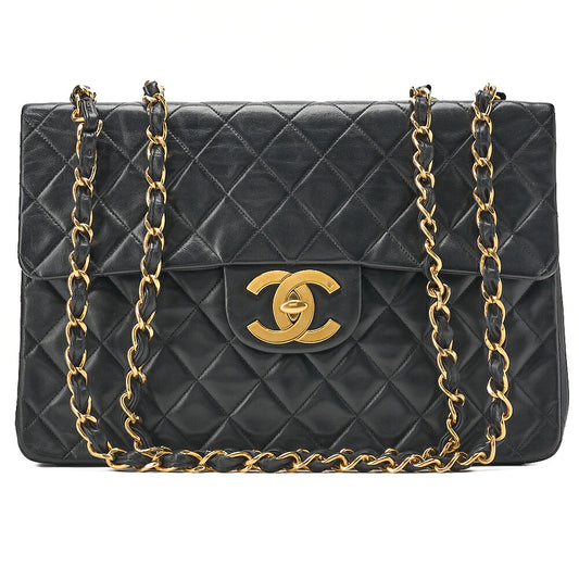 CHANEL Chain Shoulder Bag Deka Matelasse 34cm Single Flap Lambskin Black Gold-Tone Hardware, Pre-Owned
