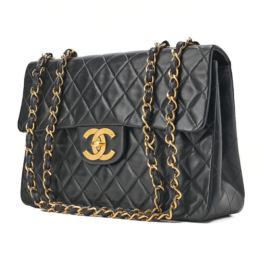 CHANEL Chain Shoulder Bag Deka Matelasse 34cm Single Flap Lambskin Black Gold-Tone Hardware, Pre-Owned