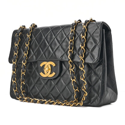 CHANEL Chain Shoulder Bag Deka Matelasse 34cm Single Flap Lambskin Black Gold-Tone Hardware, Pre-Owned