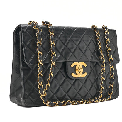CHANEL Chain Shoulder Bag Deka Matelasse 34cm Single Flap Lambskin Black Gold-Tone Hardware, Pre-Owned