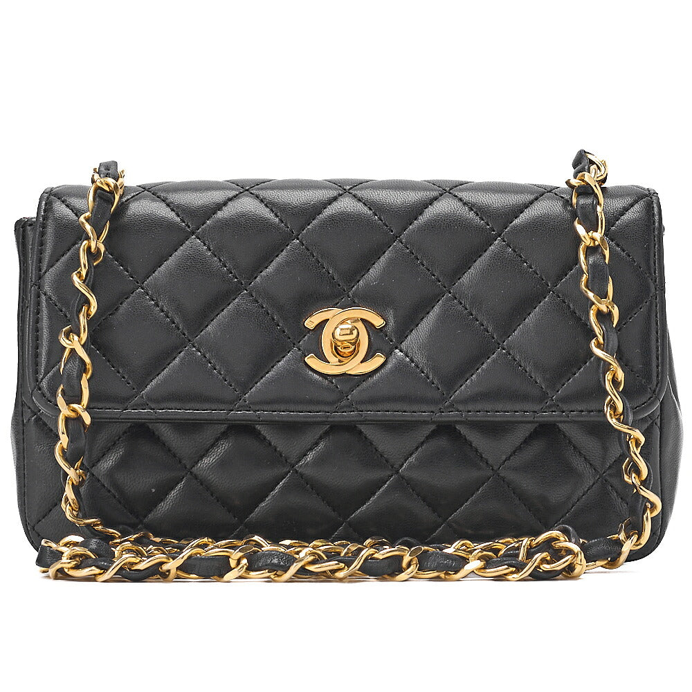 CHANEL Lambskin Mini Matelasse 18cm Single Flap Turn Lock Chain Shoulder Black Gold-Tone Hardware, Pre-Owned