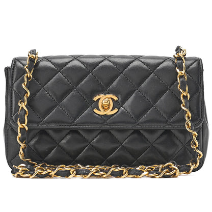 CHANEL Lambskin Mini Matelasse 18cm Single Flap Turn Lock Chain Shoulder Black Gold-Tone Hardware, Pre-Owned