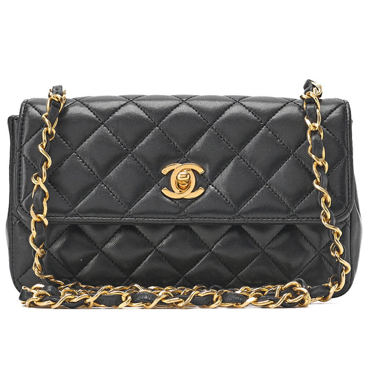 CHANEL Lambskin Mini Matelasse 18cm Single Flap Turn Lock Chain Shoulder Black Gold-Tone Hardware, Pre-Owned