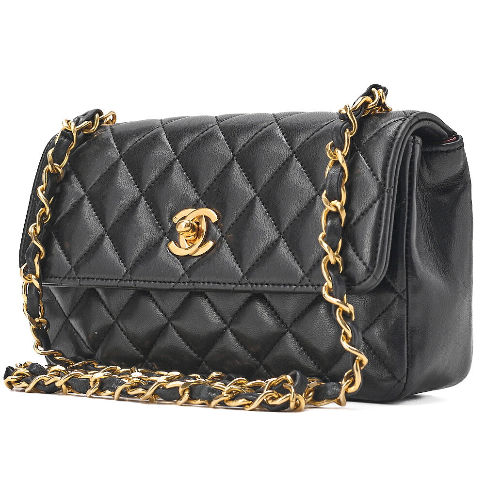 CHANEL Lambskin Mini Matelasse 18cm Single Flap Turn Lock Chain Shoulder Black Gold-Tone Hardware, Pre-Owned